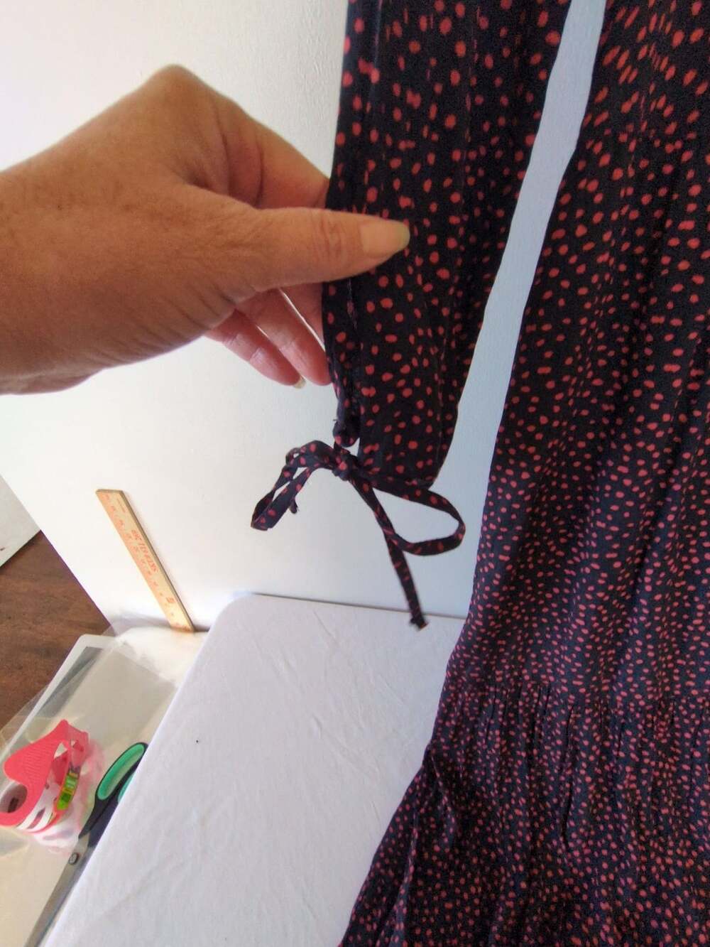 Free Assembly Tiered Maxi Dress Size XS Red Black Polka Dot Tie Sleeve - Picture 3 of 11